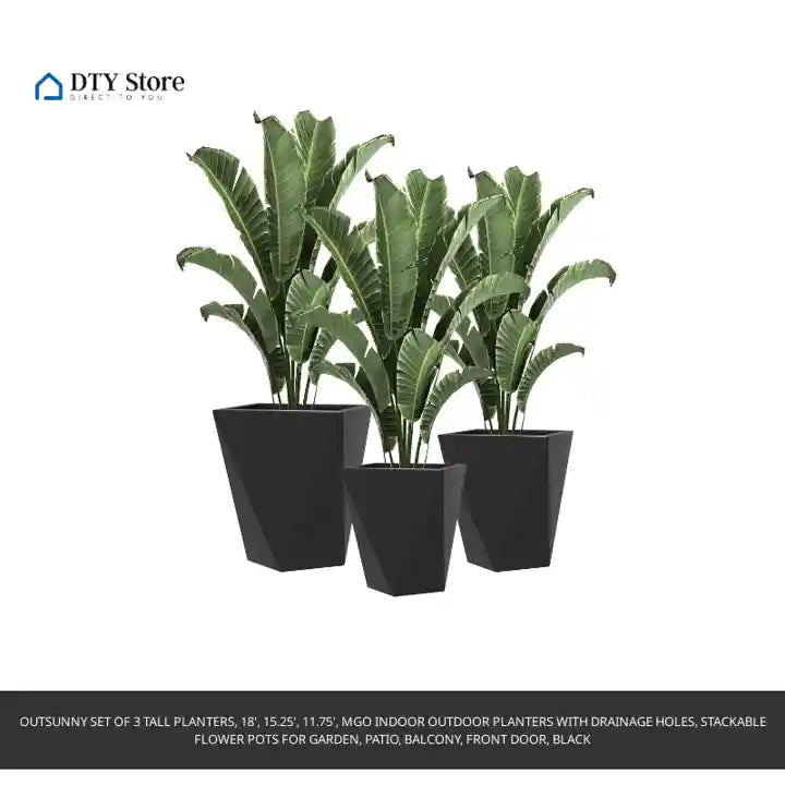 Outsunny Set of 3 Tall Planters, 18', 15.25', 11.75', MgO Indoor Outdoor Planters with Drainage Holes, Stackable Flower Pots for Garden, Patio, Balcony, Front Door, Black by@Outfy