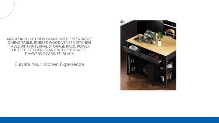 K&amp;K 47 inch Kitchen Island with Extendable Dining Table, Rubber Wood Veneer Kitchen Table with Internal Storage Rack, Power Outlet, Kitchen island with Storage 2 Drawers 2 Cabinet, Black by@Outfy