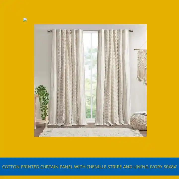 Cotton Printed Curtain Panel with Chenille Stripe and Lining Ivory 50x84&#039; by@Outfy
