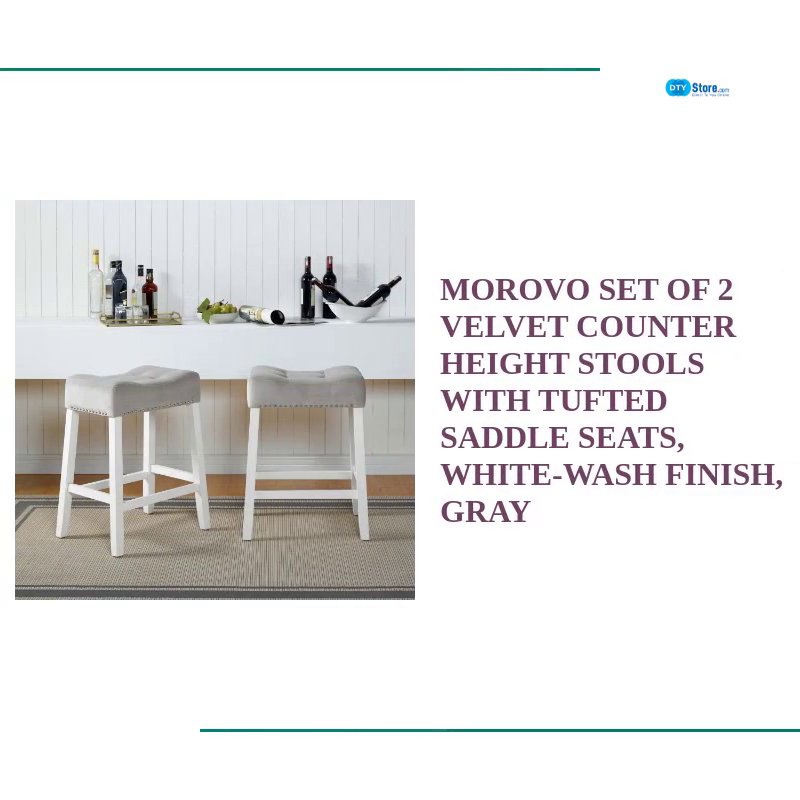 Morovo Set of 2 Velvet Counter Height Stools with Tufted Saddle Seats, White-Wash Finish, Gray by@Outfy