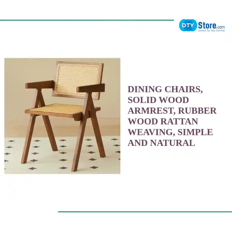 Dining Chairs, Solid Wood Armrest, Rubber Wood Rattan Weaving, Simple and Natural by@Outfy