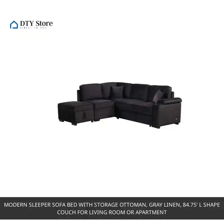 Modern Sleeper Sofa Bed with Storage Ottoman, Gray Linen, 84.75&#039; L Shape Couch for Living Room or Apartment by@Outfy
