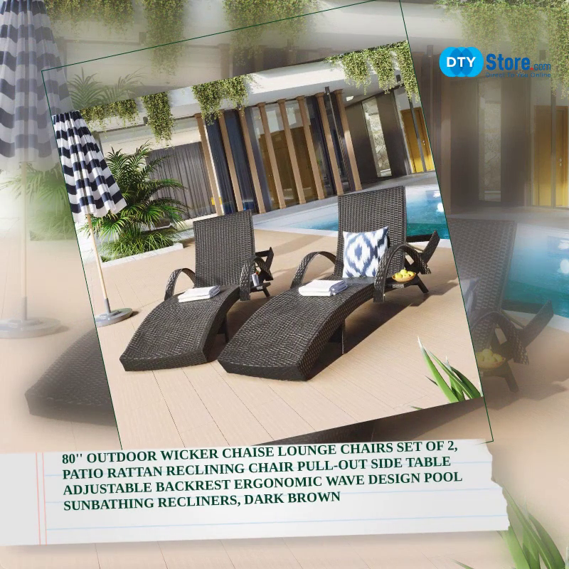 80&#039;&#039; Outdoor Wicker Chaise Lounge Chairs Set of 2, Patio Rattan Reclining Chair Pull-out Side Table Adjustable Backrest Ergonomic Wave Design Pool Sunbathing Recliners, Dark Brown by@Outfy