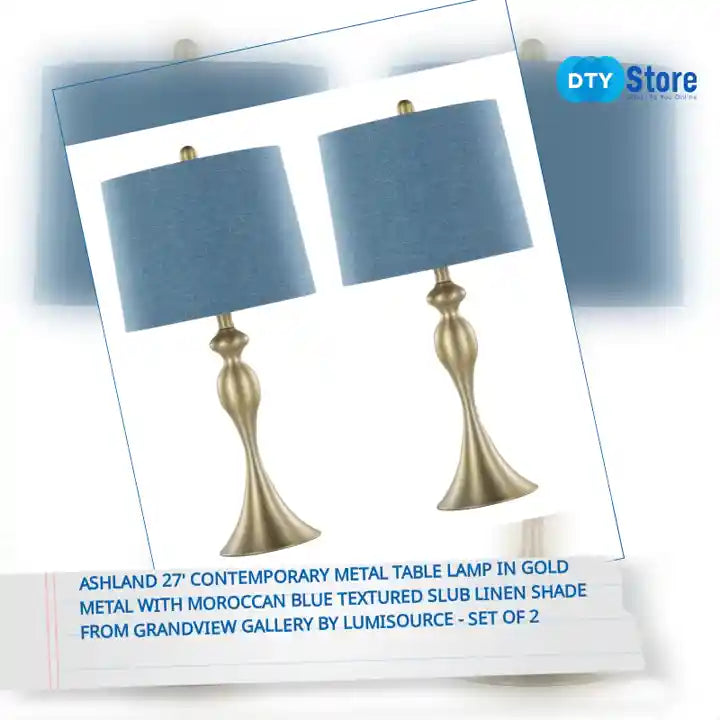 Ashland 27&#039; Contemporary Metal Table Lamp in Gold Metal with Moroccan Blue Textured Slub Linen Shade from Grandview Gallery by LumiSource - Set of 2 by@Outfy