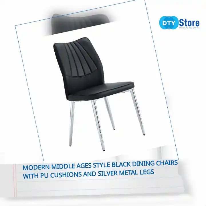 Modern Middle Ages Style Black Dining Chairs with PU Cushions and Silver Metal Legs by@Outfy