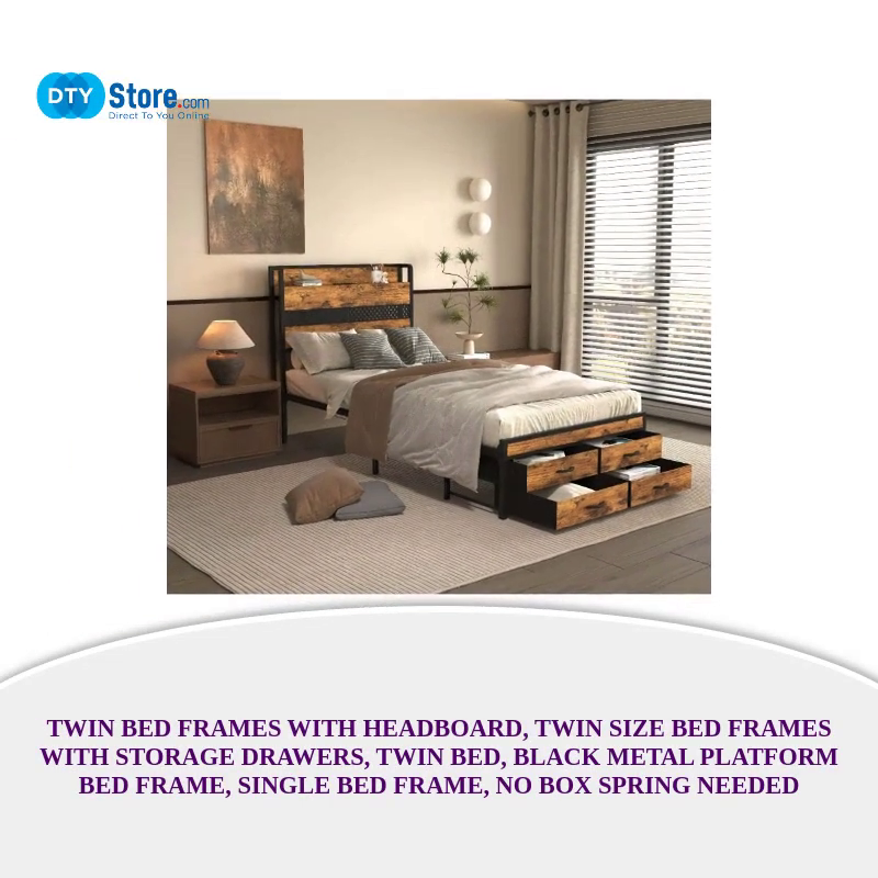 Twin Bed Frames with Headboard, Twin Size Bed Frames with Storage Drawers, Twin Bed, Black Metal Platform Bed Frame, Single Bed Frame, No Box Spring Needed by@Outfy