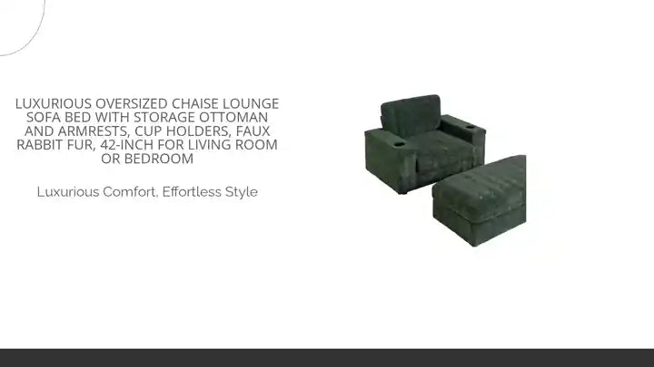 Luxurious Oversized Chaise Lounge Sofa Bed with Storage Ottoman and Armrests, Cup Holders, Faux Rabbit Fur, 42-Inch for Living Room or Bedroom by@Outfy