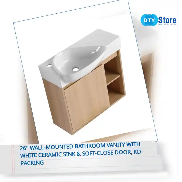 26&#039;&#039; Wall-Mounted Bathroom Vanity with White Ceramic Sink &amp; Soft-Close Door, KD-Packing by@Outfy