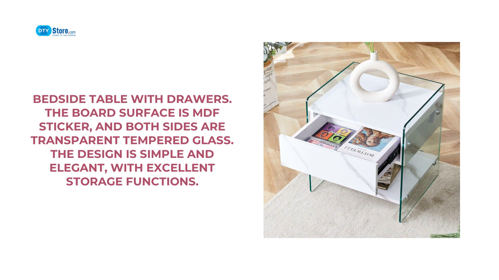 Bedside table with drawers. The board surface is MDF sticker, and both sides are transparent tempered glass. The design is simple and elegant, with excellent storage functions. by@Outfy