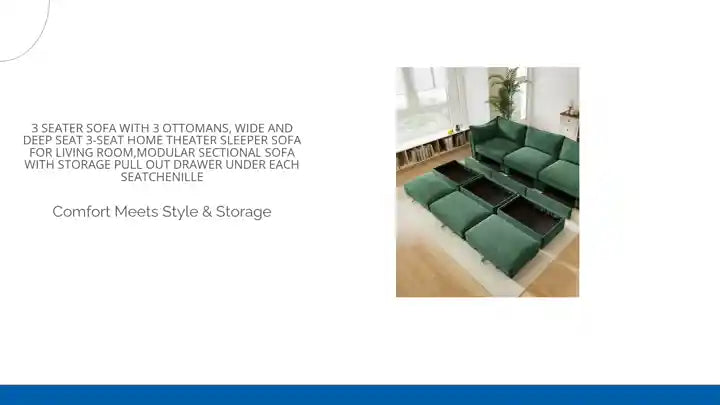 3 Seater Sofa With 3 Ottomans, Wide and Deep Seat 3-Seat Home Theater Sleeper Sofa for Living Room,Modular Sectional Sofa with Storage Pull out Drawer Under Each SeatChenille by@Outfy