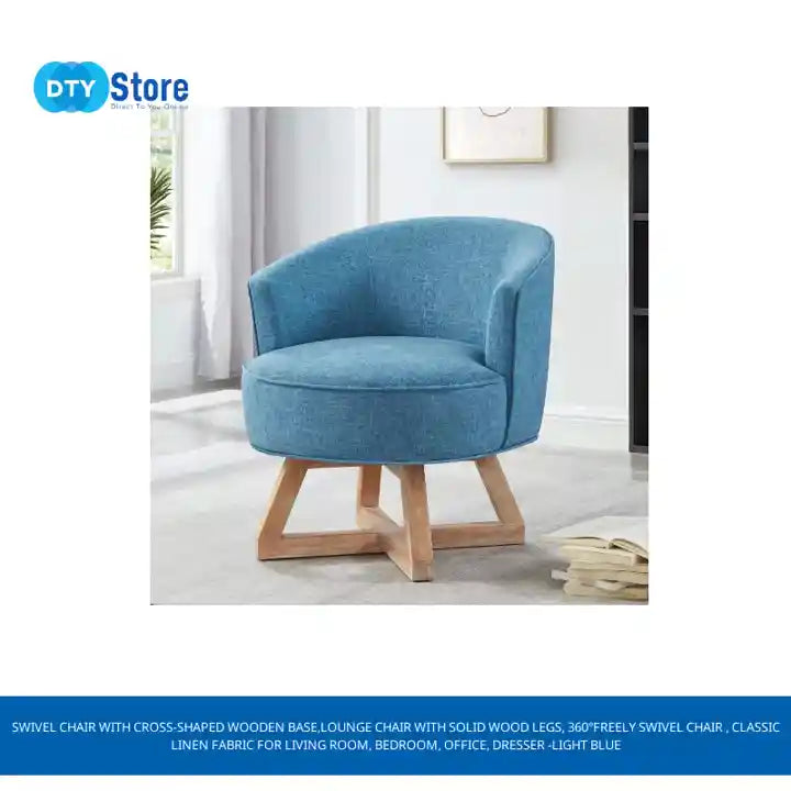 Swivel chair with cross-shaped wooden base,Lounge chair with solid wood legs, 360&deg;freely Swivel chair , Classic linen Fabric for living room, bedroom, office, dresser -Light Blue by@Outfy
