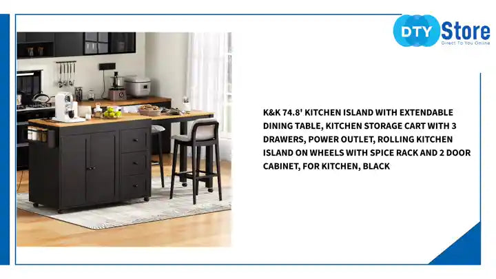 K&amp;K 74.8&#039; Kitchen Island with Extendable Dining Table, Kitchen Storage Cart with 3 Drawers, Power Outlet, Rolling Kitchen Island on Wheels with Spice Rack and 2 Door Cabinet, for Kitchen, Black by@Outfy