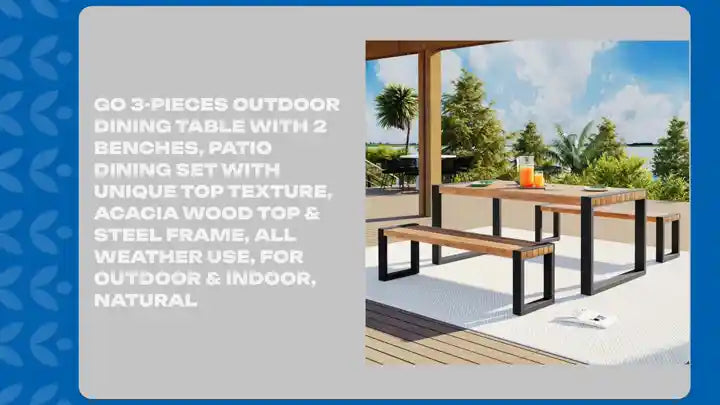 GO 3-pieces Outdoor Dining Table With 2 Benches, Patio Dining Set With Unique Top Texture, Acacia Wood Top &amp; Steel Frame, All Weather Use, For Outdoor &amp; Indoor, Natural by@Outfy