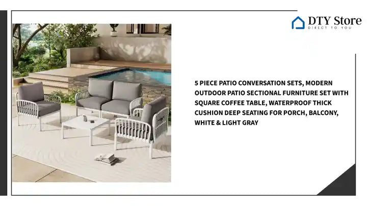 5 Piece Patio Conversation Sets, Modern Outdoor Patio Sectional Furniture Set with Square Coffee Table, Waterproof Thick Cushion Deep Seating for Porch, Balcony, White &amp; Light Gray by@Outfy
