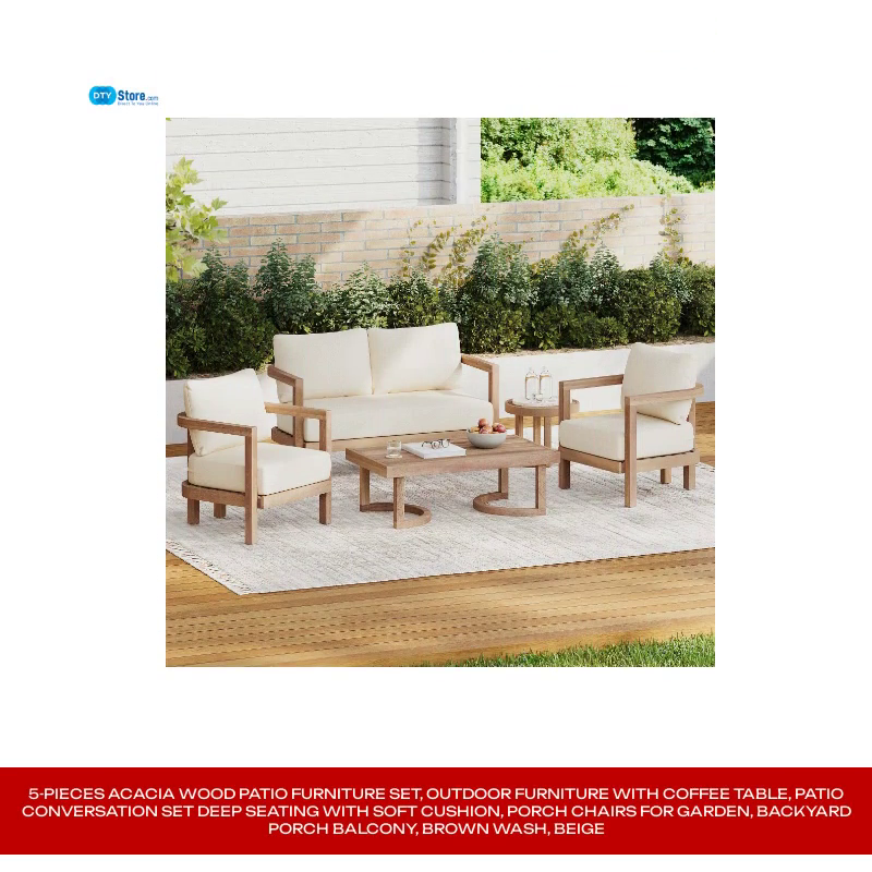 5-Pieces Acacia Wood Patio Furniture Set, Outdoor Furniture with Coffee Table, Patio Conversation Set Deep Seating with Soft Cushion, Porch Chairs for Garden, Backyard Porch Balcony, Brown wash, Beige by@Outfy