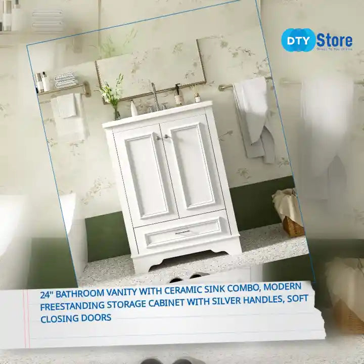 24&#039;&#039; Bathroom Vanity with Ceramic Sink Combo, Modern Freestanding Storage Cabinet with Silver Handles, Soft Closing Doors by@Outfy