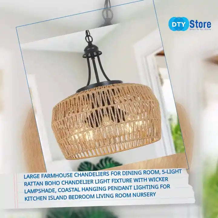 Large Farmhouse Chandeliers for Dining Room, 5-Light Rattan Boho Chandelier Light Fixture with Wicker Lampshade, Coastal Hanging Pendant Lighting for Kitchen Island Bedroom Living Room Nursery by@Outfy