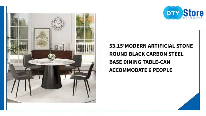 53.15'Modern Artificial Stone Round Black Carbon Steel Base Dining Table-Can Accommodate 6 People by@Outfy