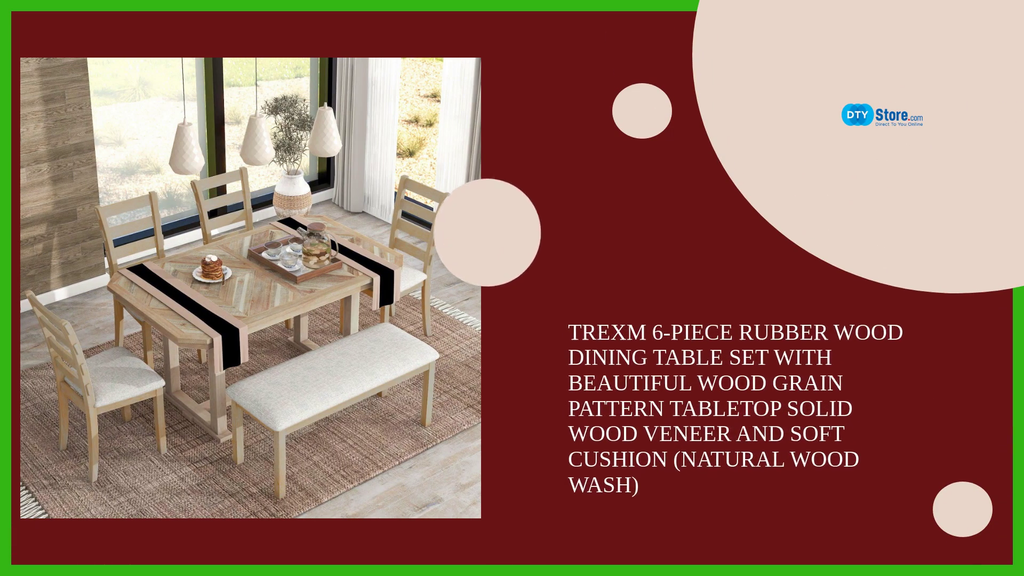 TREXM 6-Piece Rubber Wood Dining Table Set with Beautiful Wood Grain Pattern Tabletop Solid Wood Veneer and Soft Cushion (Natural Wood Wash) by@Outfy