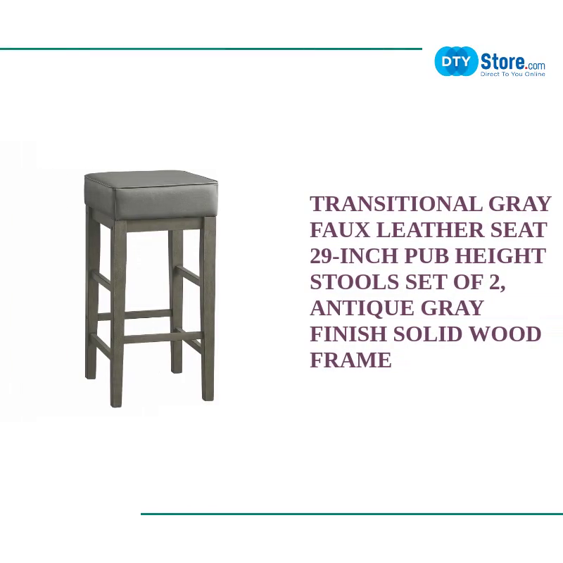 Transitional Gray Faux Leather Seat 29-inch Pub Height Stools Set of 2, Antique Gray Finish Solid Wood Frame by@Outfy