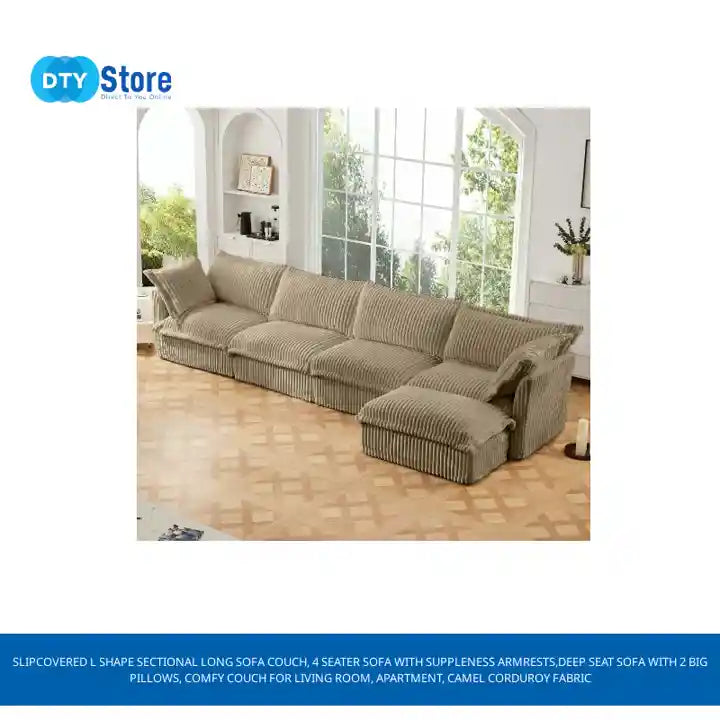Slipcovered L Shape Sectional Long Sofa Couch, 4 Seater Sofa with Suppleness Armrests,Deep Seat Sofa with 2 Big Pillows, Comfy Couch for Living Room, Apartment, Camel Corduroy Fabric by@Outfy