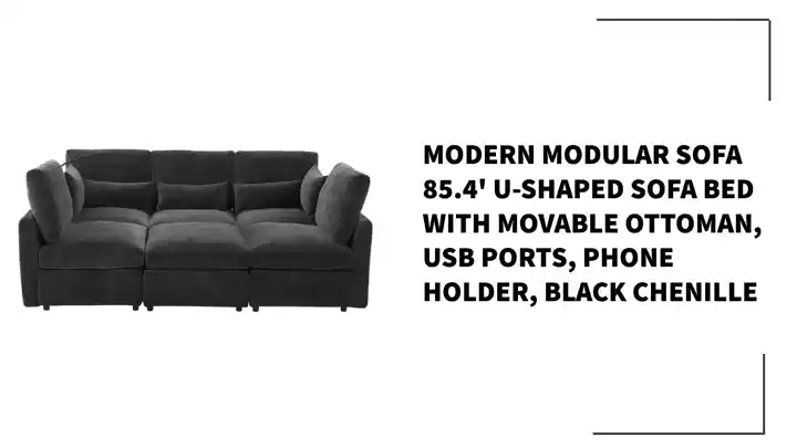 Modern Modular Sofa 85.4&#039; U-shaped Sofa Bed with Movable Ottoman, USB Ports, Phone Holder, Black Chenille by@Outfy