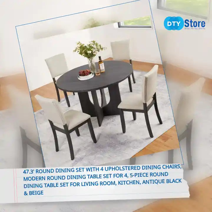 47.3&#039; Round Dining Set with 4 Upholstered Dining Chairs, Modern Round Dining Table Set for 4, 5-Piece Round Dining Table Set for Living Room, Kitchen, Antique Black &amp; Beige by@Outfy