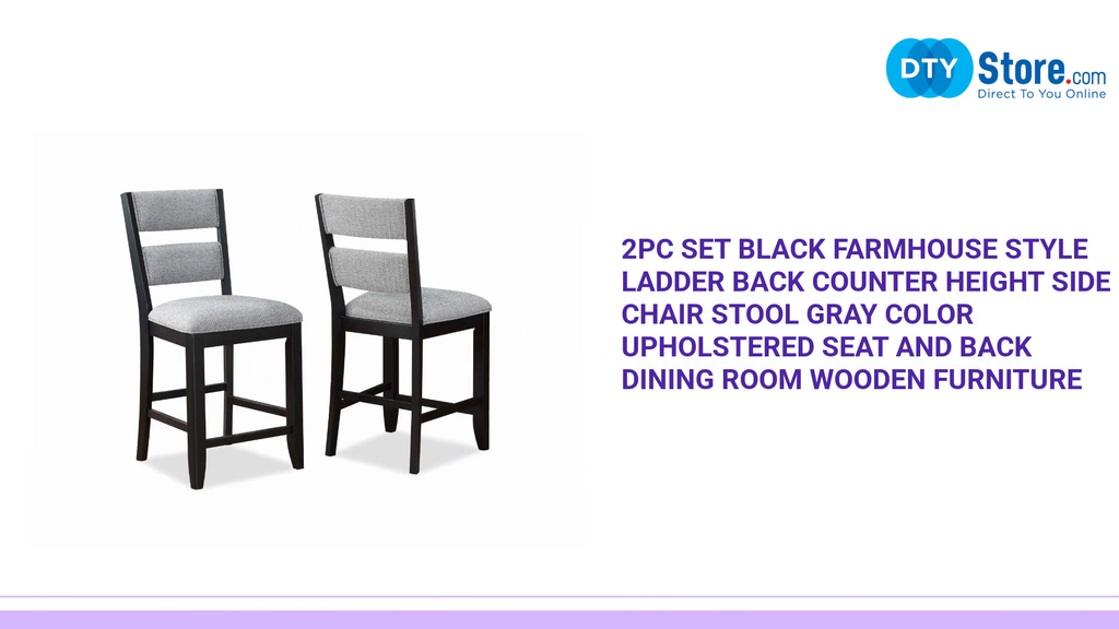 2pc Set Black Farmhouse Style Ladder Back Counter Height Side Chair Stool Gray Color Upholstered Seat and Back Dining Room Wooden Furniture by@Outfy