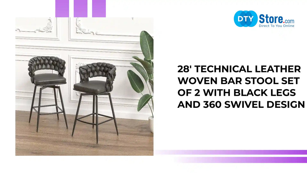 28&#039; Technical Leather Woven Bar Stool Set of 2 with Black Legs and 360 Swivel Design by@Outfy