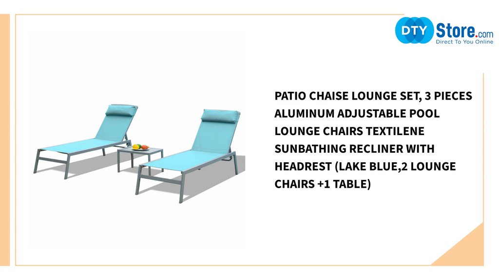 Patio Chaise Lounge Set, 3 Pieces Aluminum Adjustable Pool Lounge Chairs Textilene Sunbathing Recliner with Headrest (Lake Blue,2 Lounge Chairs +1 Table) by@Outfy