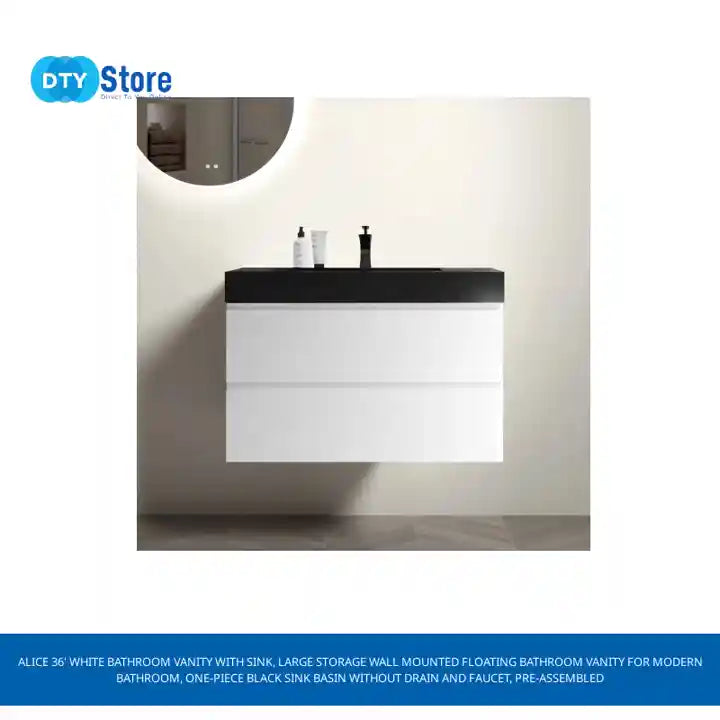 Alice 36' White Bathroom Vanity with Sink, Large Storage Wall Mounted Floating Bathroom Vanity for Modern Bathroom, One-Piece Black Sink Basin without Drain and Faucet, Pre-assembled by@Outfy