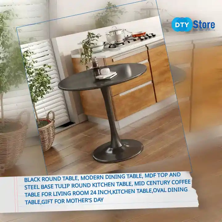 Black Round Table, Modern Dining Table, MDF Top and Steel Base Tulip Round Kitchen Table, Mid Century Coffee Table for Living Room 24 Inch,Kitchen Table,Oval Dining Table,Gift for Mother&#039;s day by@Outfy