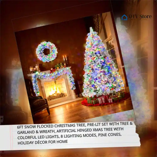 6FT Snow Flocked Christmas Tree, Pre-Lit Set with Tree & Garland & Wreath, Artificial Hinged Xmas Tree with Colorful LED Lights, 8 Lighting Modes, Pine Cones, Holiday Décor for Home - Image 11
