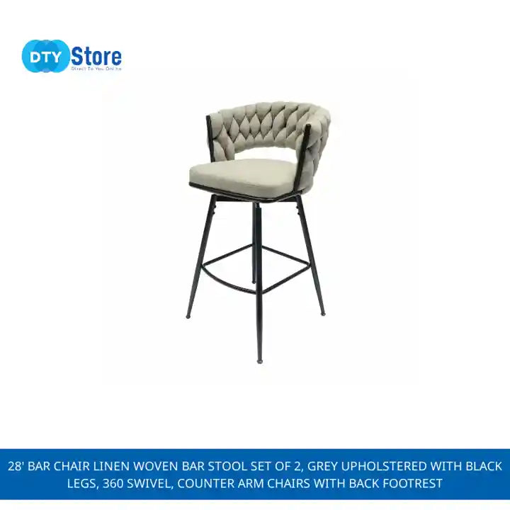 28&#039; Bar Chair Linen Woven Bar Stool Set of 2, Grey Upholstered with Black Legs, 360 Swivel, Counter Arm Chairs with Back Footrest by@Outfy