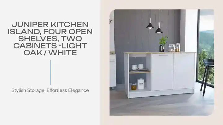 Juniper Kitchen Island, Four Open Shelves, Two Cabinets -Light Oak / White by@Outfy