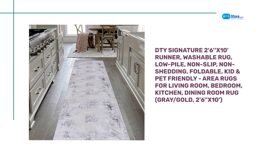 DTY Signature 2&#039;6&#039;&#039;x10&#039; Runner, Washable Rug, Low-Pile, Non-Slip, Non-Shedding, Foldable, Kid &amp; Pet Friendly - Area Rugs for living room, bedroom, kitchen, dining room rug (Gray/Gold, 2&#039;6&#039;&#039;x10&#039;) by@Outfy