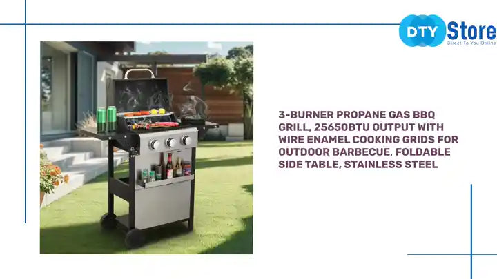 3-Burner Propane Gas BBQ Grill, 25650BTU Output With Wire Enamel Cooking Grids For Outdoor Barbecue, Foldable Side Table, Stainless Steel by@Outfy