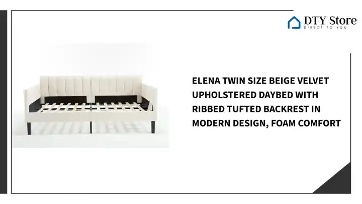 Elena Twin Size Beige Velvet Upholstered Daybed with Ribbed Tufted Backrest in Modern Design, Foam Comfort by@Outfy