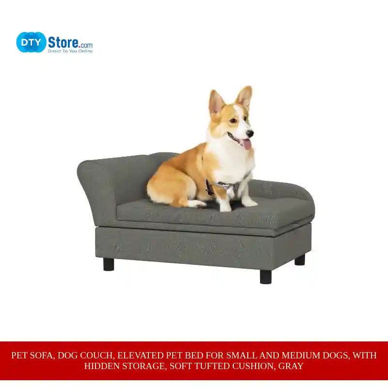 Pet Sofa, Dog Couch, Elevated Pet Bed for Small and Medium Dogs, with Hidden Storage, Soft Tufted Cushion, Gray by@Outfy