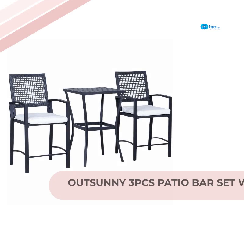 Outsunny 3pcs Patio Bar Set with Soft Cushion, Rattan Wicker Outdoor Furniture Set for Backyards, Lawn, Deck, Poolside by@Outfy