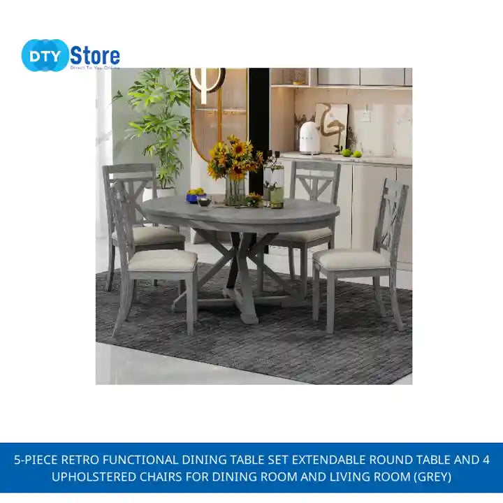 5-Piece Retro Functional Dining Table Set Extendable Round Table and 4 Upholstered Chairs for Dining Room and Living Room (Grey) by@Outfy