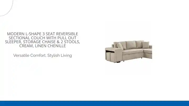 Modern L-Shape 3 Seat Reversible Sectional Couch with Pull Out Sleeper, Storage Chaise &amp; 2 Stools, Cream, Linen Chenille by@Outfy