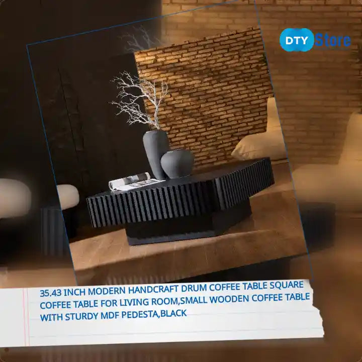 35.43 Inch Modern Handcraft Drum Coffee Table Square Coffee Table for Living Room,Small Wooden Coffee Table with Sturdy MDF Pedesta,Black by@Outfy