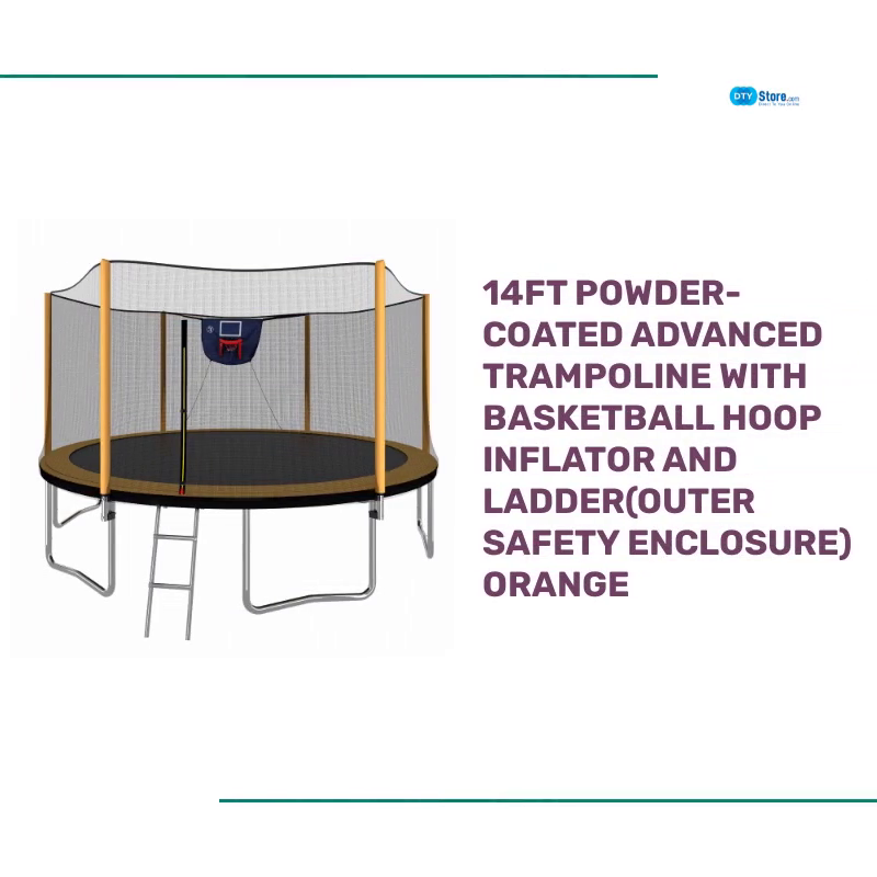 14FT Powder-coated Advanced Trampoline with Basketball Hoop Inflator and Ladder(Outer Safety Enclosure) Orange by@Outfy