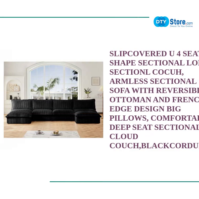 Slipcovered U 4 Seater Shape Sectional Long Sectionl Cocuh, Armless Sectional Sofa with Reversible Ottoman and French Edge Design Big Pillows, Comfortable Deep Seat Sectional Cloud Couch,BlackCorduroy by@Outfy