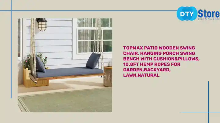 TOPMAX Patio Wooden Swing Chair, Hanging Porch Swing Bench with Cushion&amp;Pillows, 10.8Ft Hemp Ropes for Garden,Backyard, Lawn,Natural by@Outfy