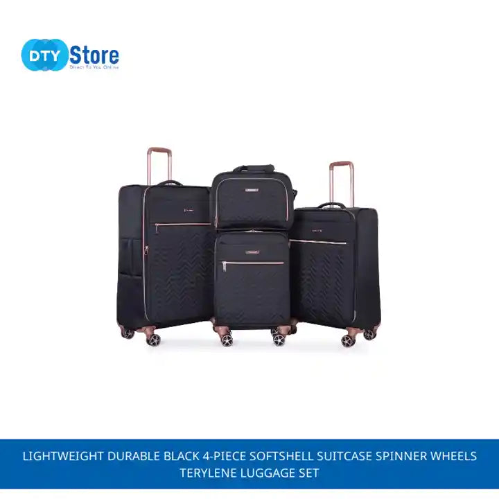 Lightweight Durable Black 4-Piece Softshell Suitcase Spinner Wheels Terylene Luggage Set by@Outfy
