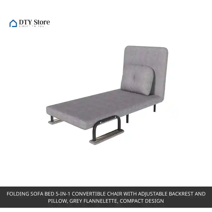 Folding Sofa Bed 5-in-1 Convertible Chair with Adjustable Backrest and Pillow, Grey Flannelette, Compact Design by@Outfy