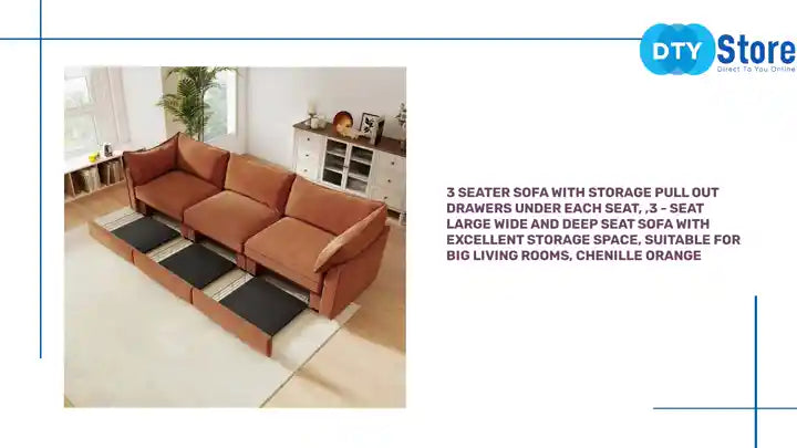 3 Seater Sofa With Storage Pull out Drawers Under Each Seat, ,3 - Seat Large Wide And Deep Seat Sofa with Excellent Storage Space, Suitable for Big Living Rooms, Chenille Orange by@Outfy