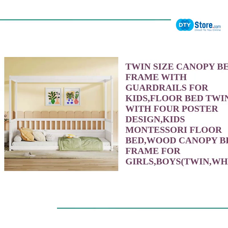 Twin Size Canopy Bed Frame with Guardrails for Kids,Floor Bed Twin with Four Poster Design,Kids Montessori Floor Bed,Wood Canopy Bed Frame for Girls,Boys(Twin,White) by@Outfy
